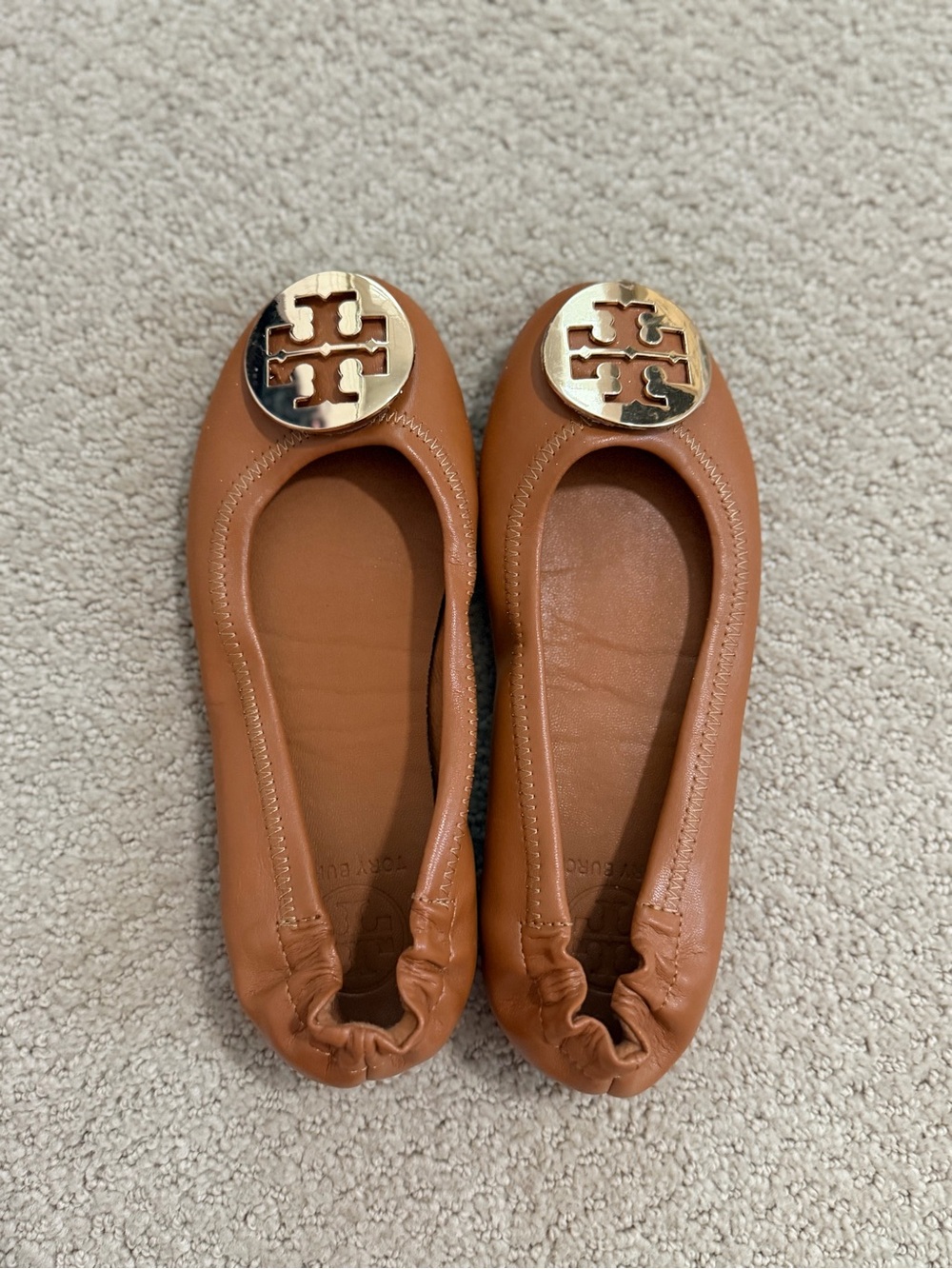 Tory Burch Brown Leather Ballet Flats Gold Logo Medallion Women’s Size 5